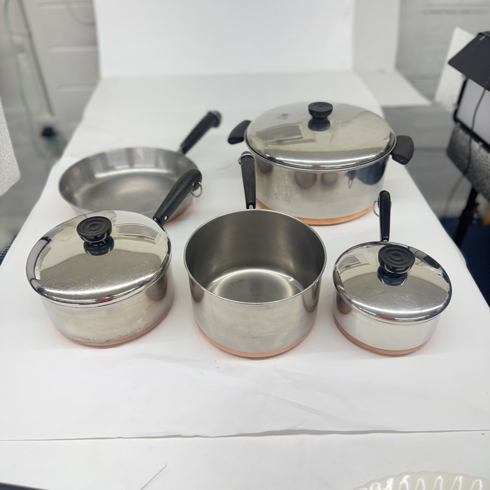 VTG 8 Piece Set Revere Ware 1801 Pots Pans Skillet & Lids Copper Bottom See Pics